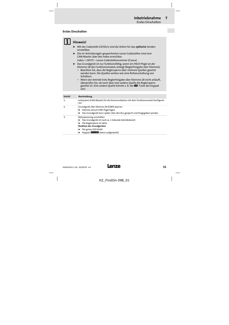 Erstes einschalten, Inbetriebnahme | Lenze E82ZAFCC210 User Manual | Page 31 / 96