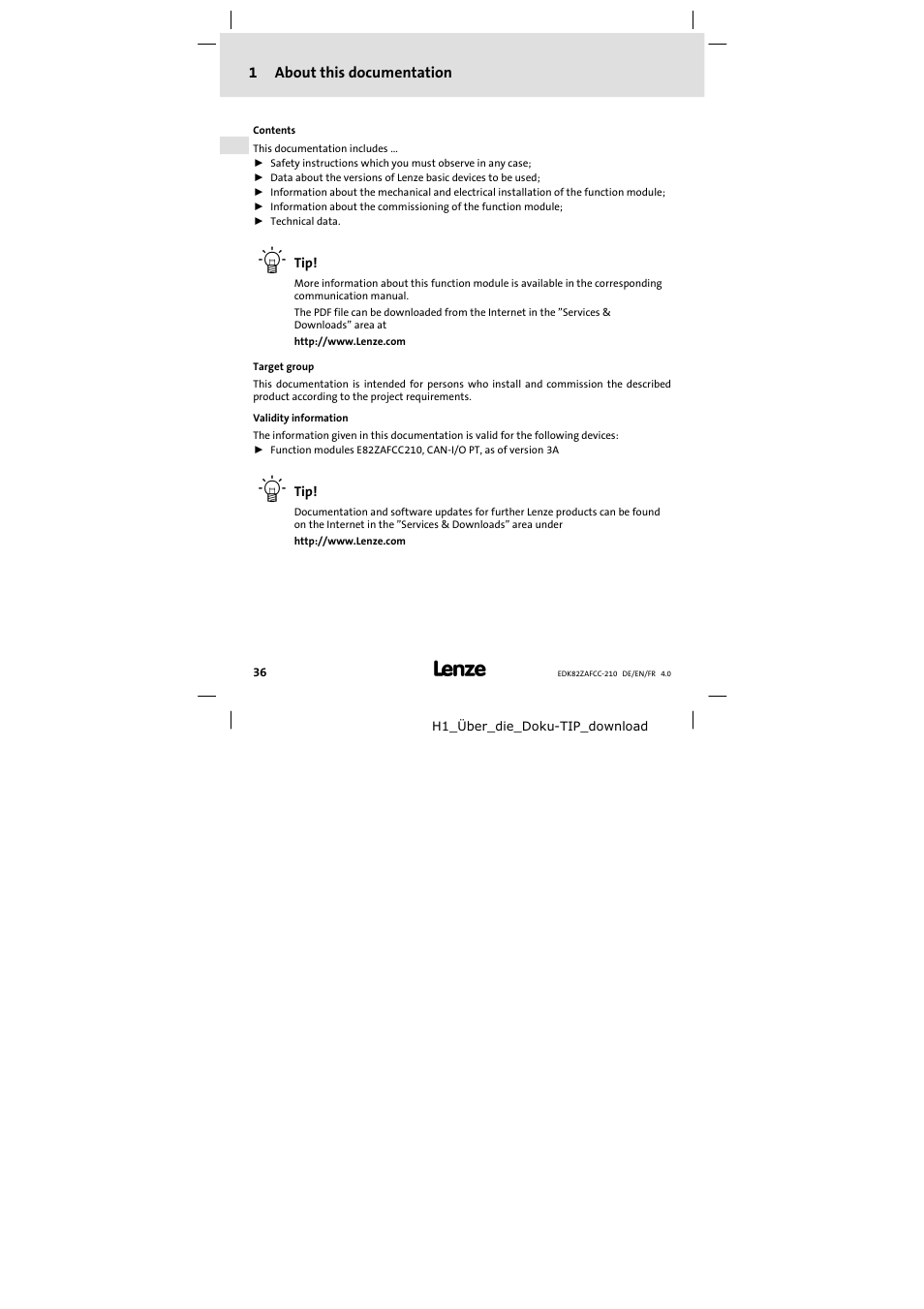 1 about this documentation, About this documentation | Lenze E82ZAFCC210 User Manual | Page 36 / 96