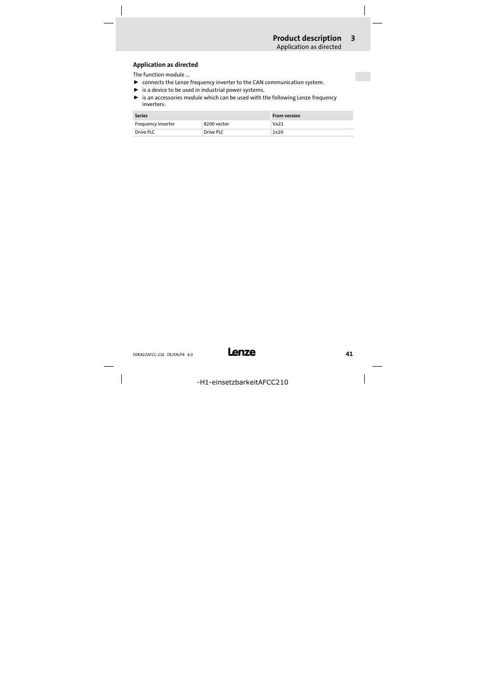 3 product description, Application as directed, Product description | Lenze E82ZAFCC210 User Manual | Page 41 / 96