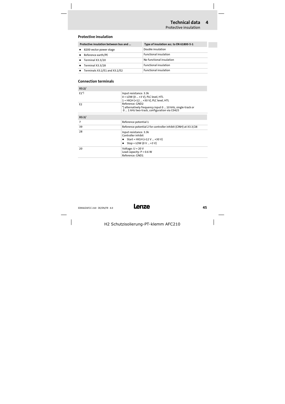 Protective insulation, Connection terminals, Technical data | Lenze E82ZAFCC210 User Manual | Page 45 / 96
