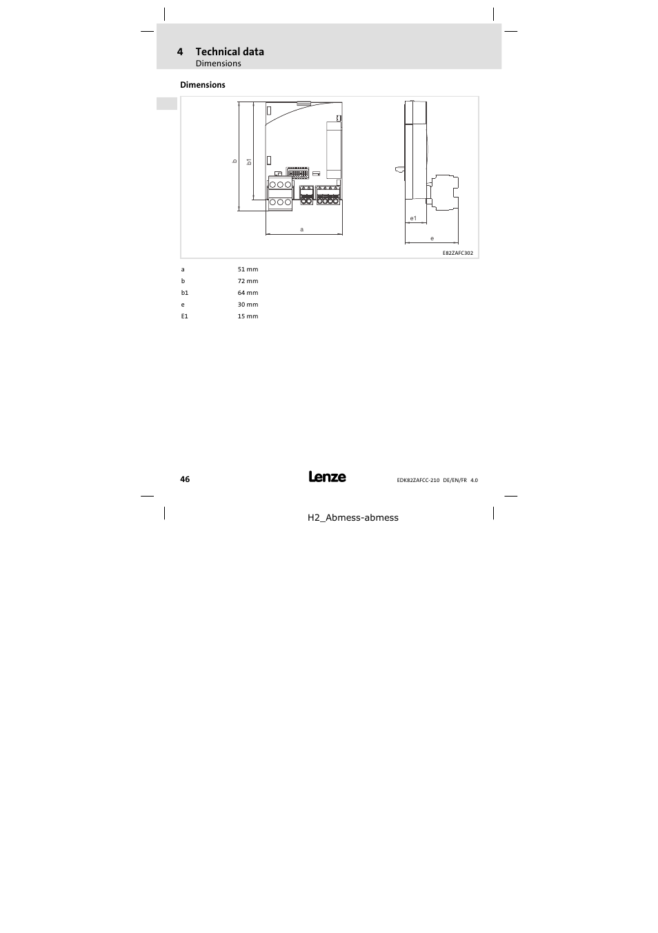 Dimensions, 4technical data | Lenze E82ZAFCC210 User Manual | Page 46 / 96