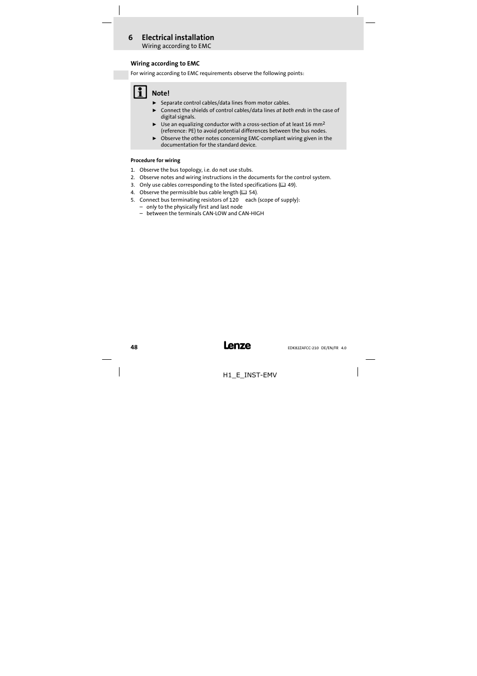 6 electrical installation, Wiring according to emc, Electrical installation | 6electrical installation | Lenze E82ZAFCC210 User Manual | Page 48 / 96