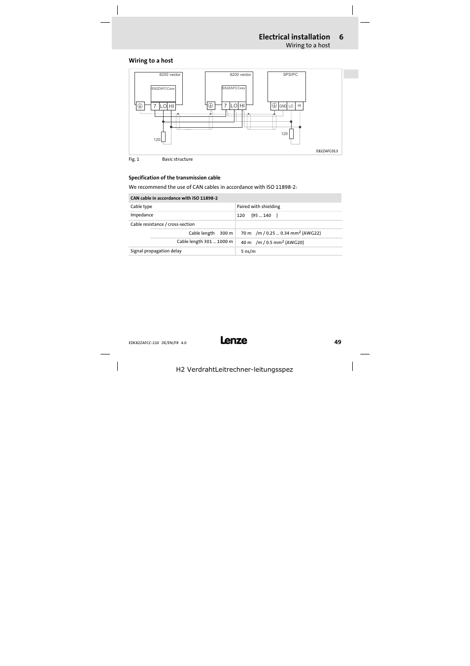 Wiring to a host, Electrical installation | Lenze E82ZAFCC210 User Manual | Page 49 / 96