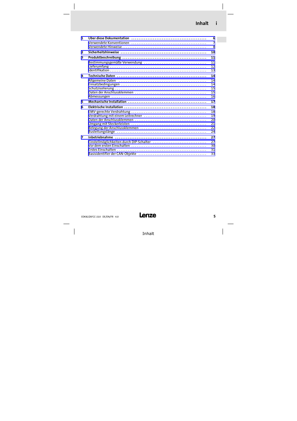 Inhalt, Inhalt i | Lenze E82ZAFCC210 User Manual | Page 5 / 96