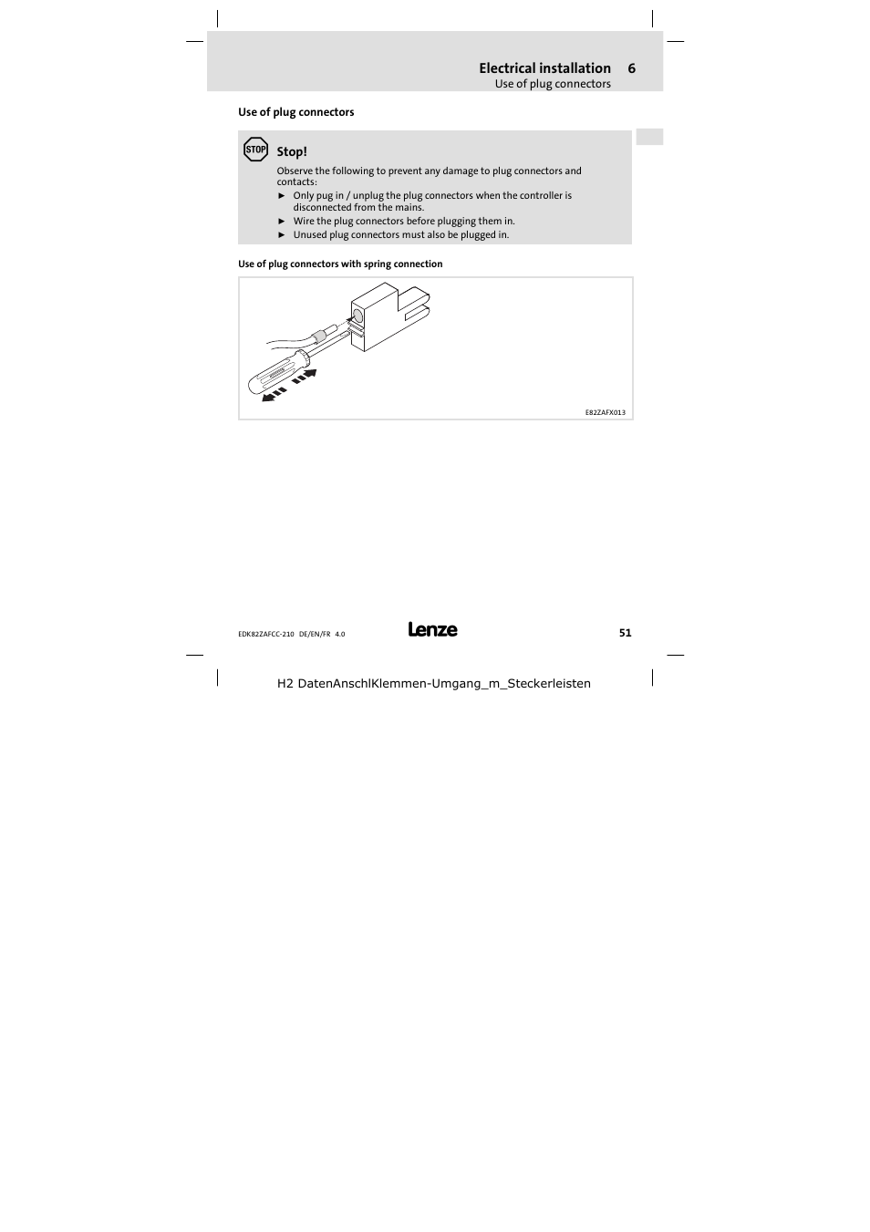 Use of plug connectors | Lenze E82ZAFCC210 User Manual | Page 51 / 96