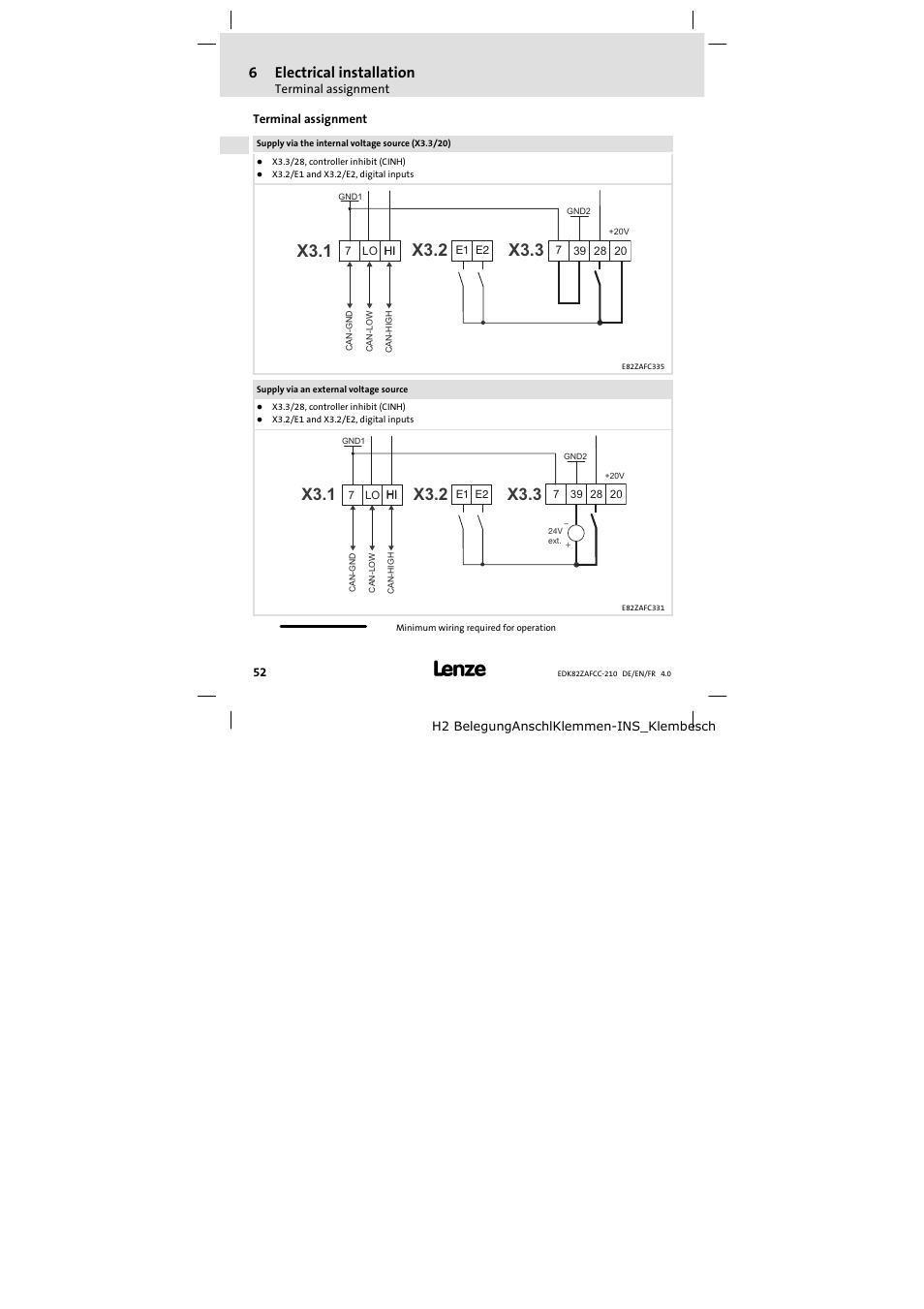 Terminal assignment, 6electrical installation | Lenze E82ZAFCC210 User Manual | Page 52 / 96