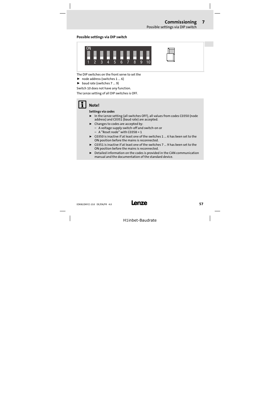 7 commissioning, Possible settings via dip switch, Commissioning | Lenze E82ZAFCC210 User Manual | Page 57 / 96