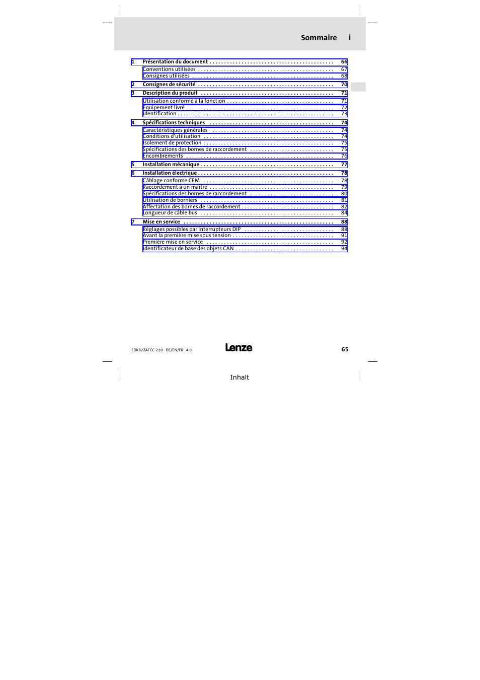 Sommaire, Sommaire i | Lenze E82ZAFCC210 User Manual | Page 65 / 96