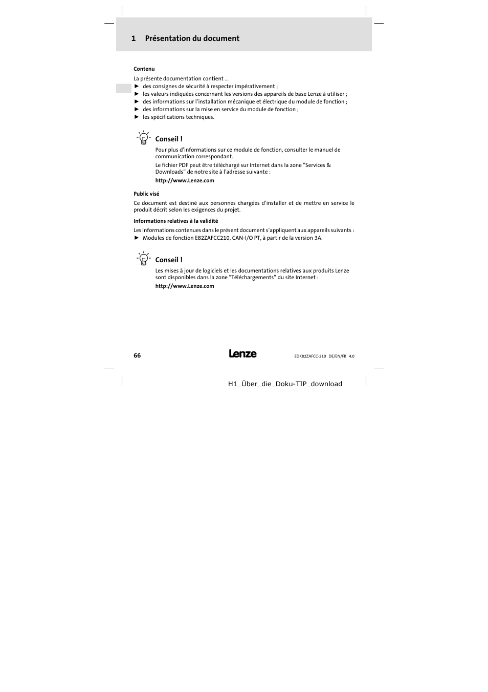 1 présentation du document, Présentation du document | Lenze E82ZAFCC210 User Manual | Page 66 / 96