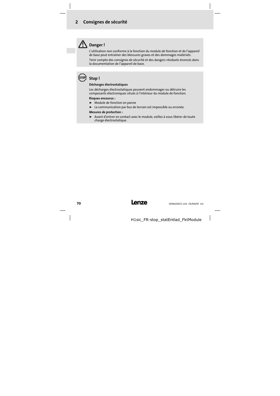 2 consignes de sécurité, Consignes de sécurité | Lenze E82ZAFCC210 User Manual | Page 70 / 96