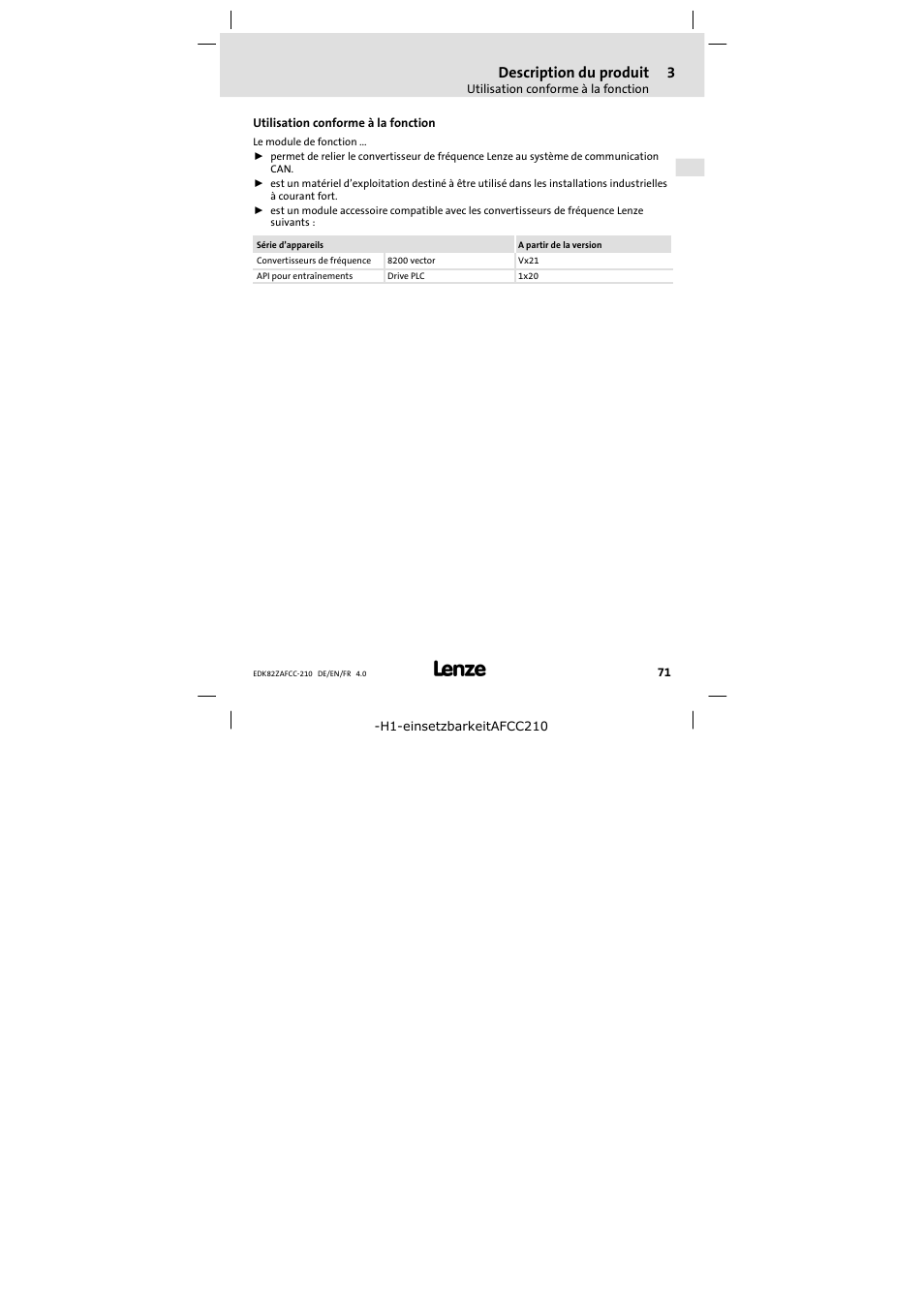 3 description du produit, Utilisation conforme à la fonction, Description du produit | Lenze E82ZAFCC210 User Manual | Page 71 / 96