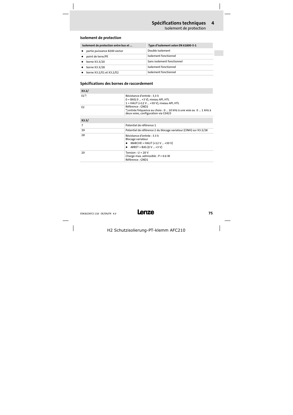 Isolement de protection, Spécifications des bornes de raccordement, Spécifications techniques | Lenze E82ZAFCC210 User Manual | Page 75 / 96