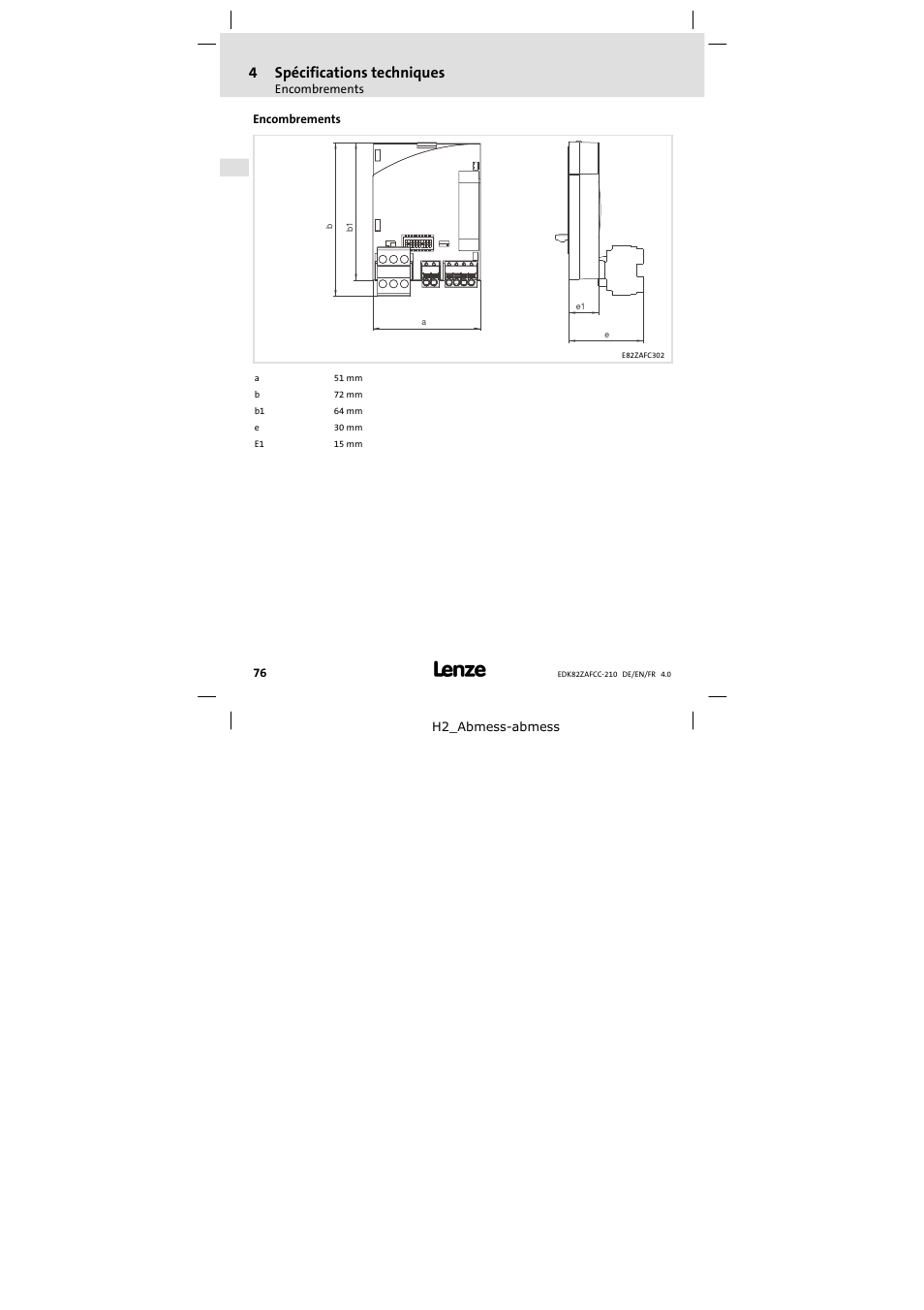 Encombrements, 4spécifications techniques | Lenze E82ZAFCC210 User Manual | Page 76 / 96