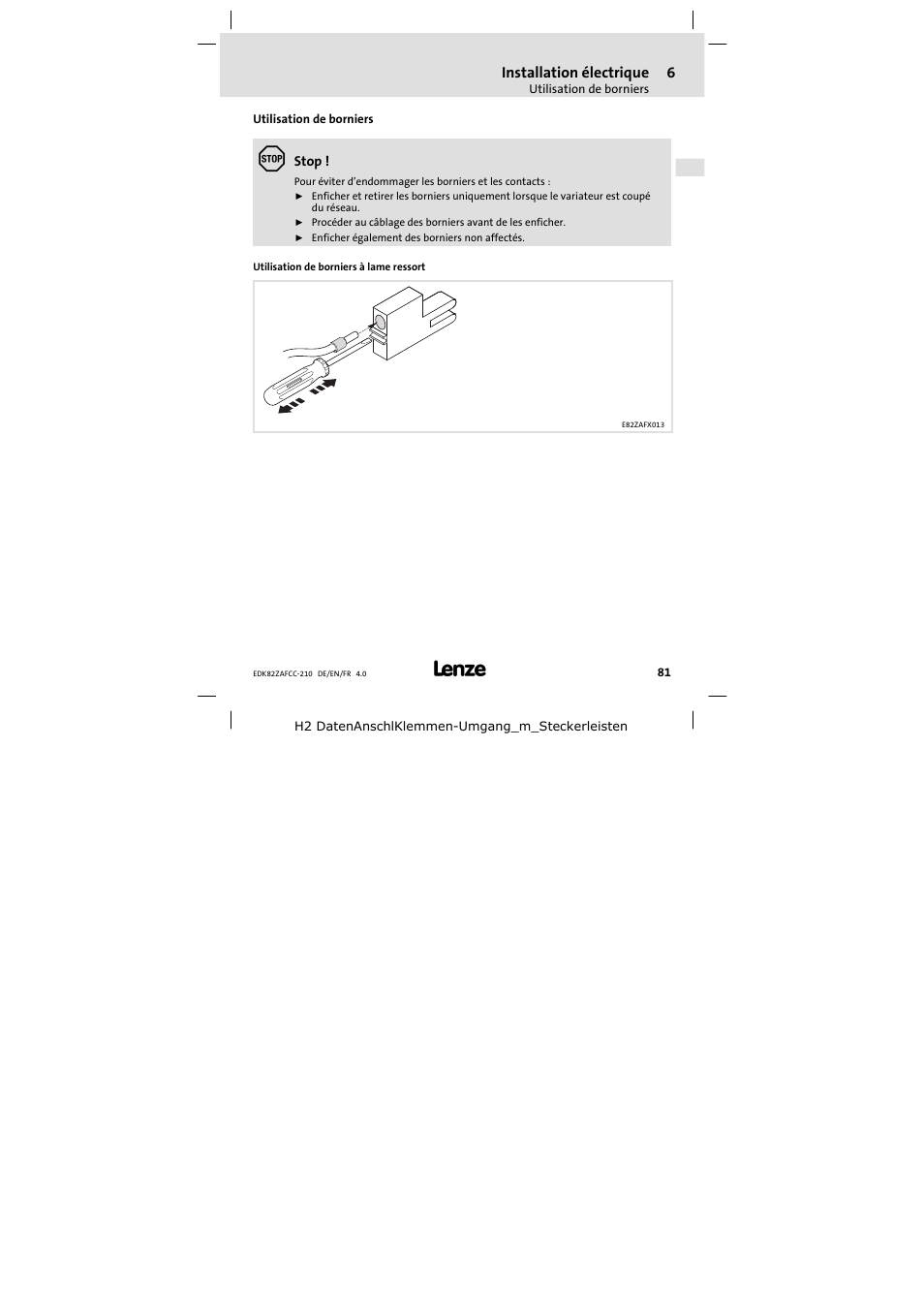 Utilisation de borniers | Lenze E82ZAFCC210 User Manual | Page 81 / 96