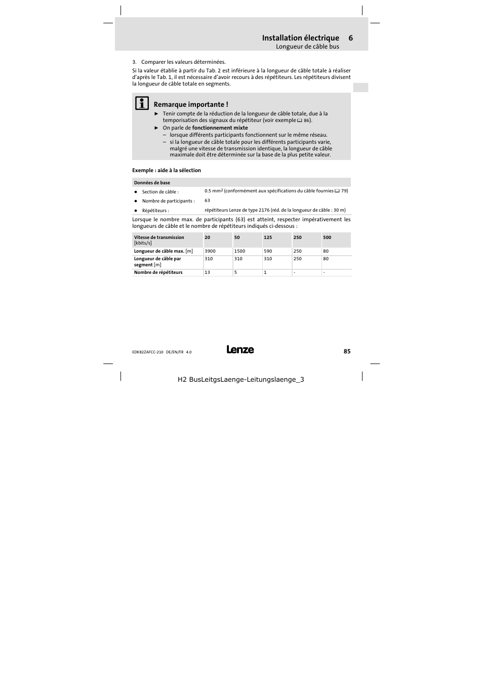 Installation électrique, Remarque importante | Lenze E82ZAFCC210 User Manual | Page 85 / 96