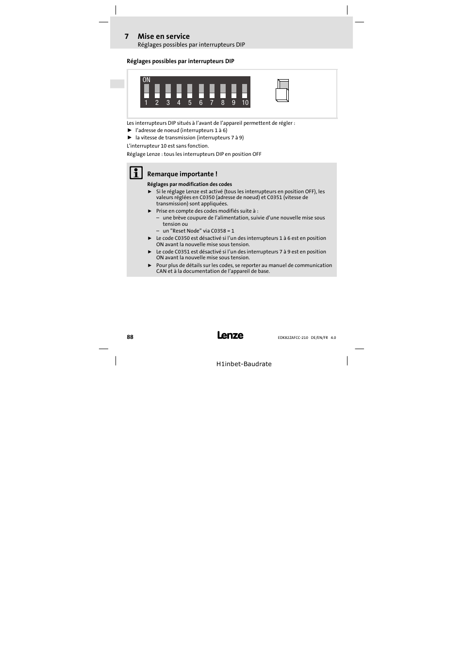 7 mise en service, Réglages possibles par interrupteurs dip, Mise en service | 7mise en service | Lenze E82ZAFCC210 User Manual | Page 88 / 96