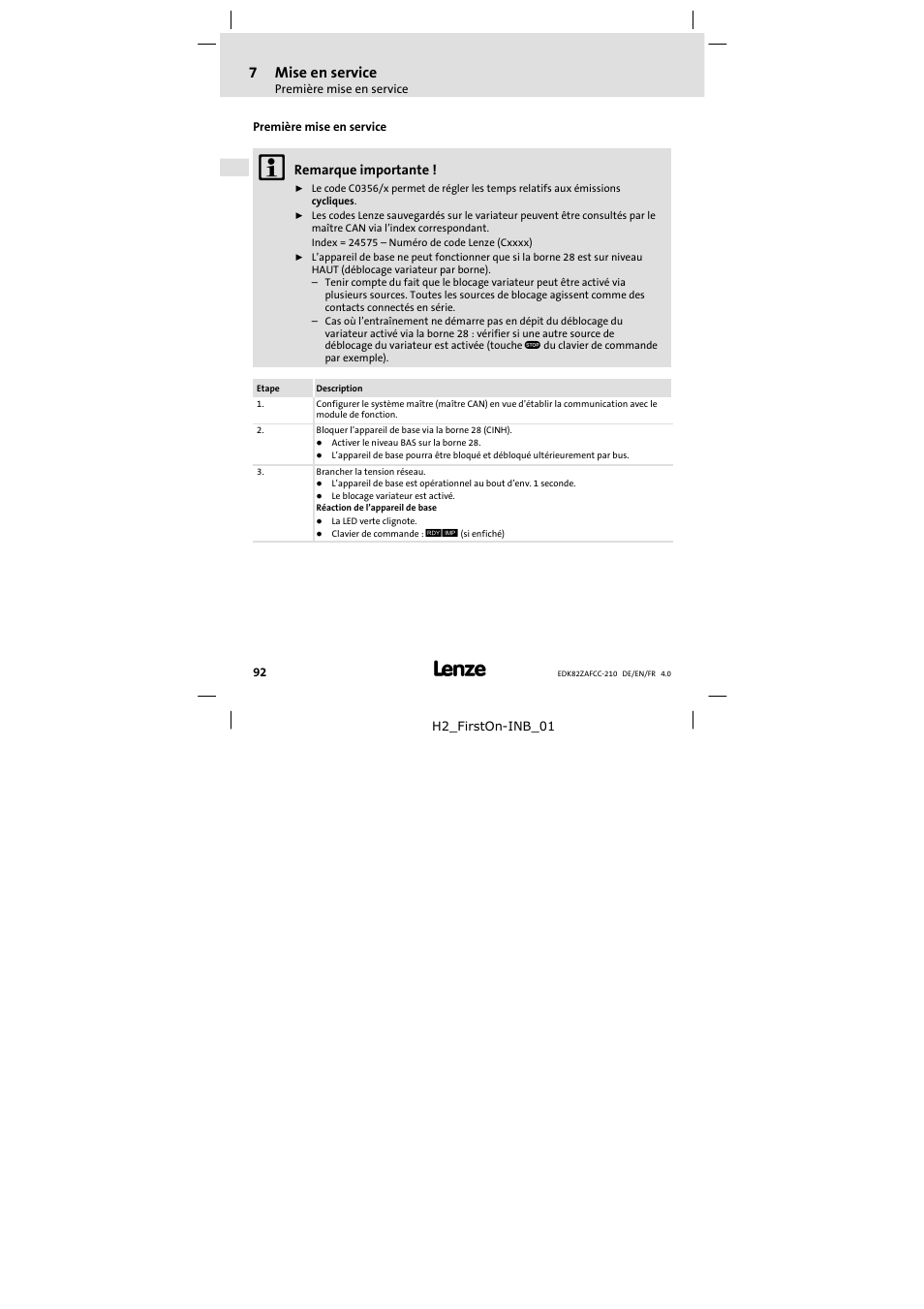 Premièremise en service, Première mise en service, 7mise en service | Lenze E82ZAFCC210 User Manual | Page 92 / 96