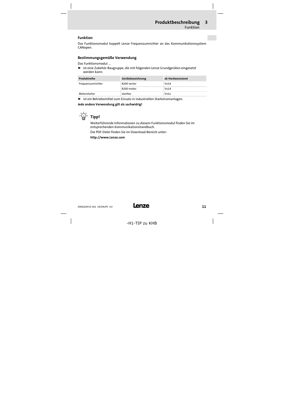 3 produktbeschreibung, Funktion, Bestimmungsgemäße verwendung | Produktbeschreibung 11, Produktbeschreibung | Lenze E82ZAFUC001 User Manual | Page 11 / 108