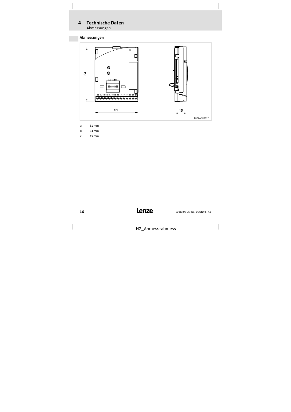 Abmessungen | Lenze E82ZAFUC001 User Manual | Page 16 / 108