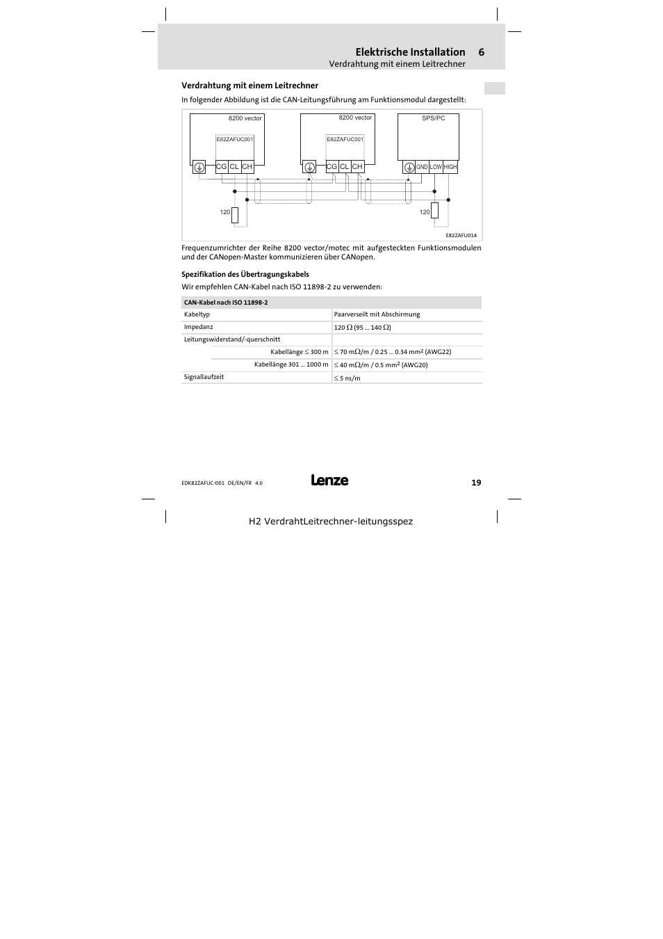 Verdrahtung mit einem leitrechner, Elektrische installation | Lenze E82ZAFUC001 User Manual | Page 19 / 108