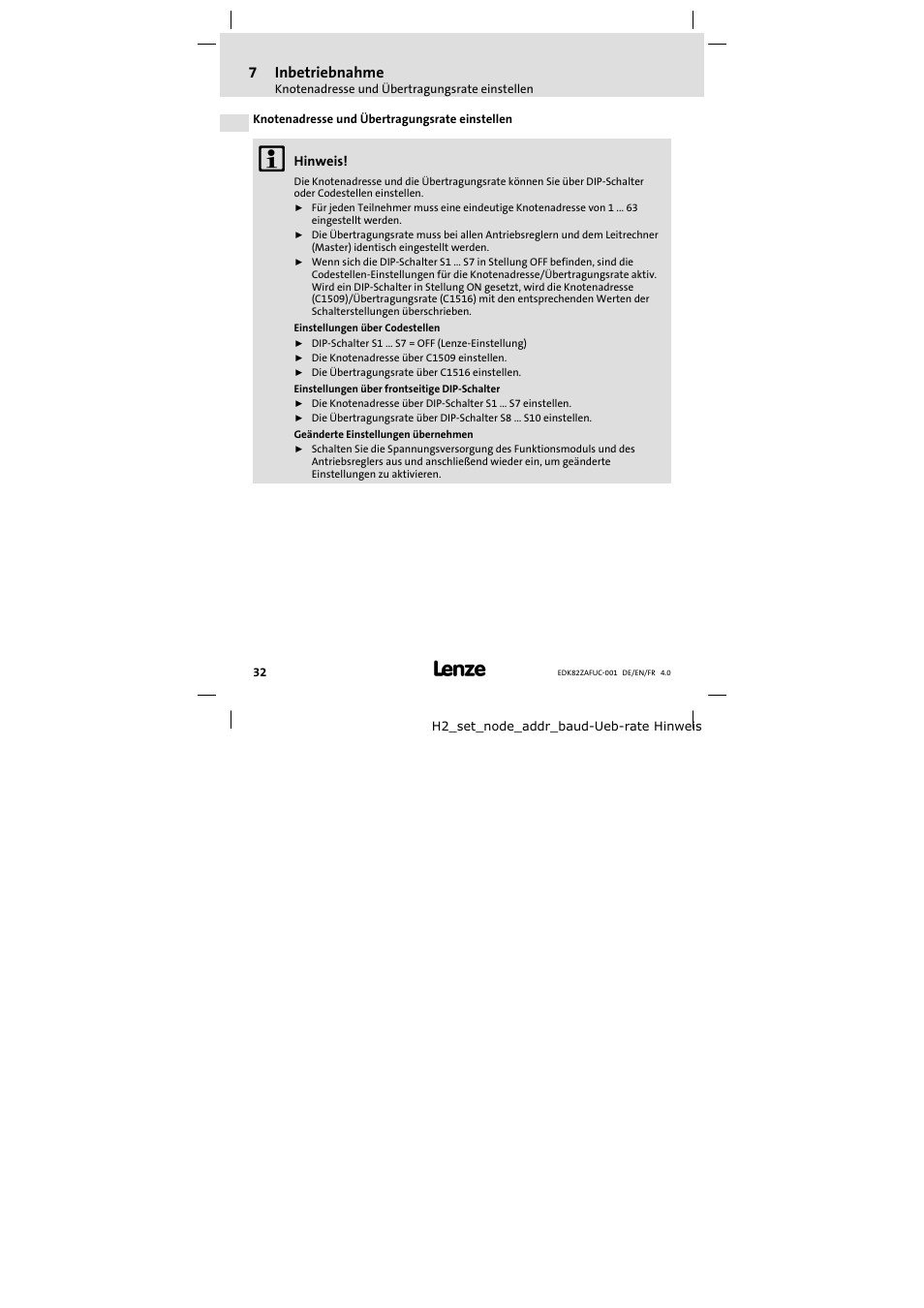 Knotenadresse und übertragungsrate einstellen, 7inbetriebnahme | Lenze E82ZAFUC001 User Manual | Page 32 / 108