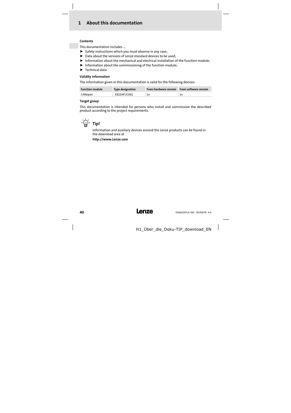 1 about this documentation, About this documentation, 1about this documentation | Lenze E82ZAFUC001 User Manual | Page 40 / 108