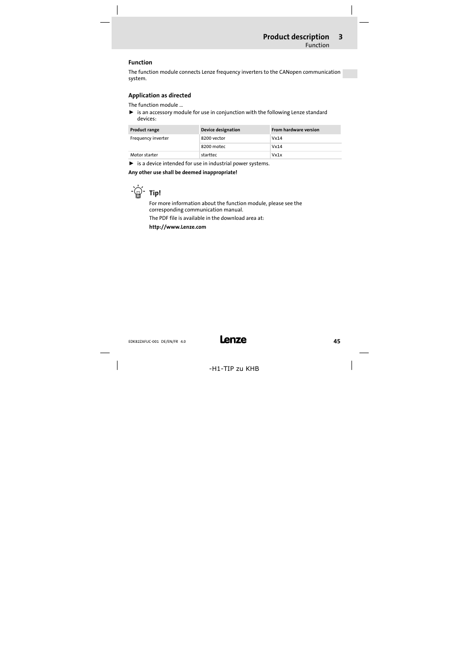 3 product description, Function, Application as directed | Product description, Function 45 | Lenze E82ZAFUC001 User Manual | Page 45 / 108