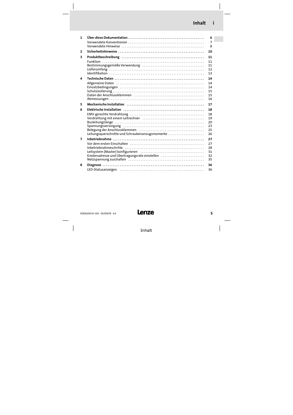 Inhalt, Inhalt i | Lenze E82ZAFUC001 User Manual | Page 5 / 108