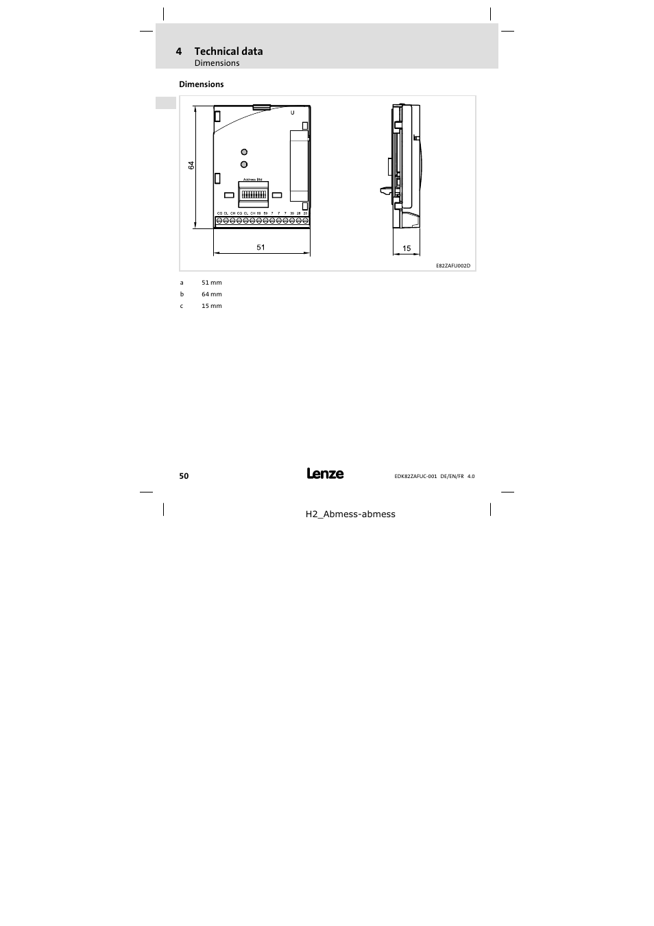 Dimensions | Lenze E82ZAFUC001 User Manual | Page 50 / 108