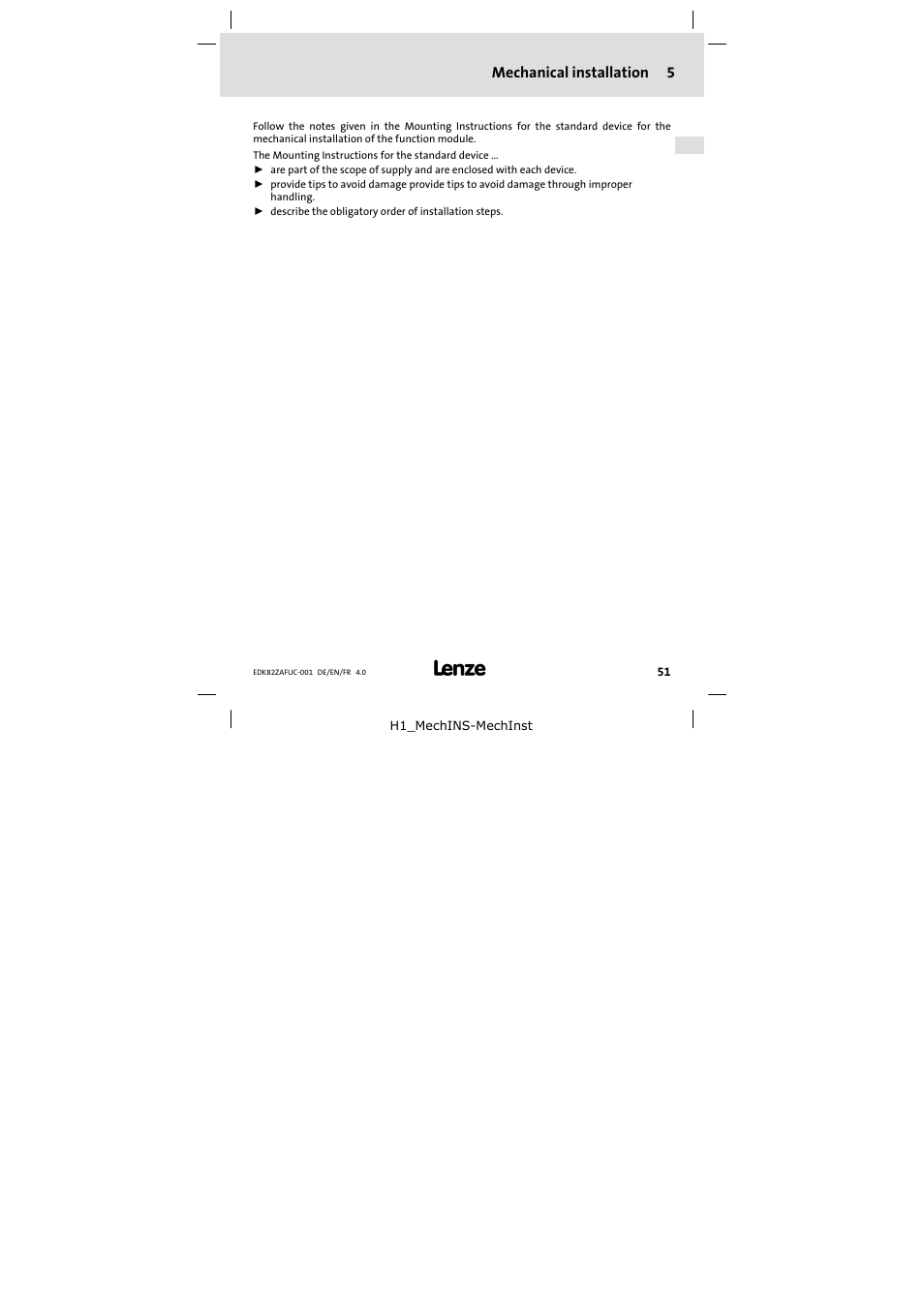 5 mechanical installation, Mechanical installation | Lenze E82ZAFUC001 User Manual | Page 51 / 108