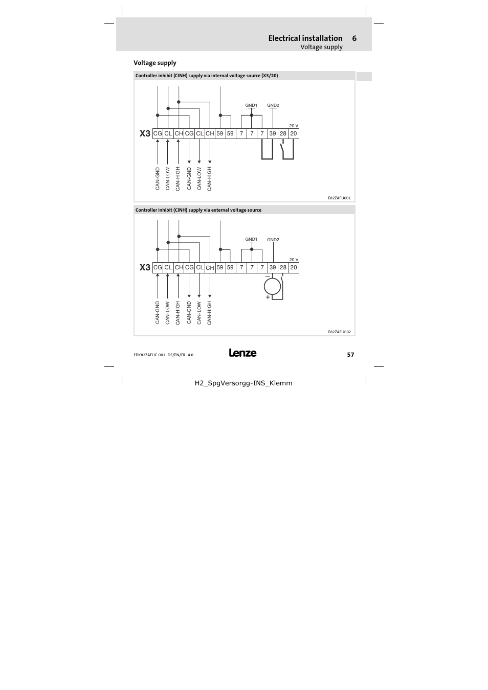 Voltage supply, Electrical installation | Lenze E82ZAFUC001 User Manual | Page 57 / 108