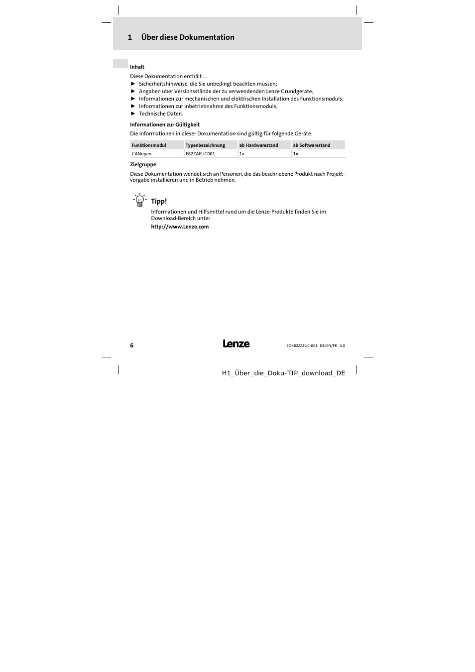 1 über diese dokumentation, Über diese dokumentation, 1über diese dokumentation | Lenze E82ZAFUC001 User Manual | Page 6 / 108