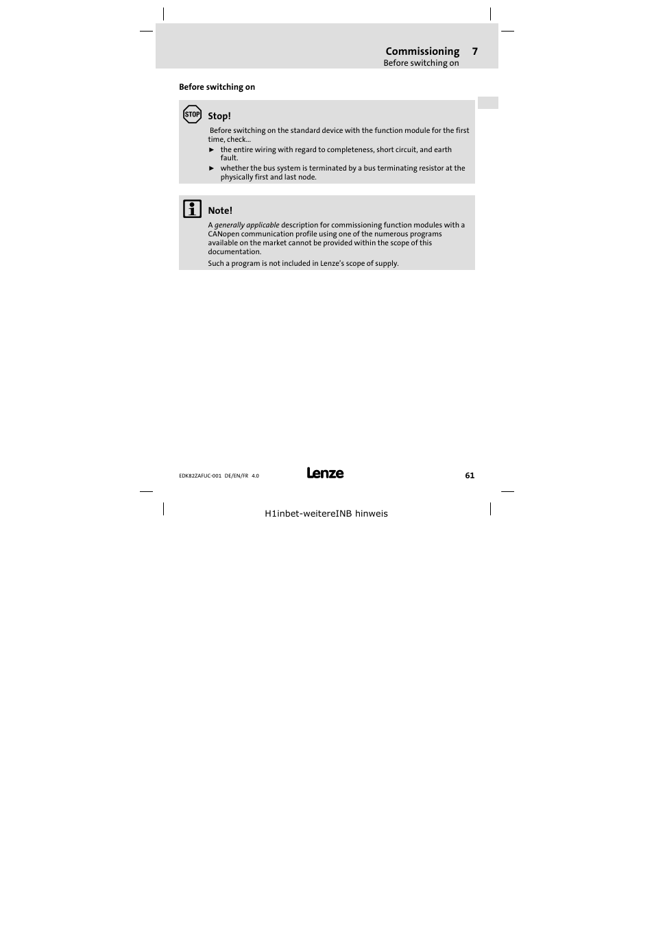 7 commissioning, Before switching on, Commissioning 61 | Lenze E82ZAFUC001 User Manual | Page 61 / 108