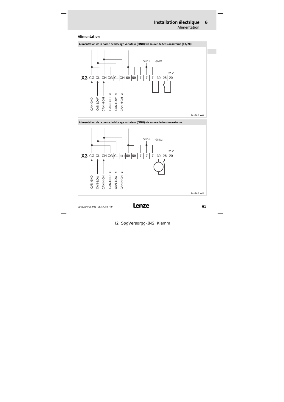 Alimentation, Installation électrique | Lenze E82ZAFUC001 User Manual | Page 91 / 108