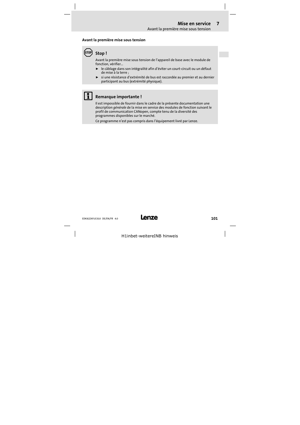 7 mise en service, Avant la première mise sous tension, Mise en service | Lenze E82ZAFUC010 User Manual | Page 101 / 114