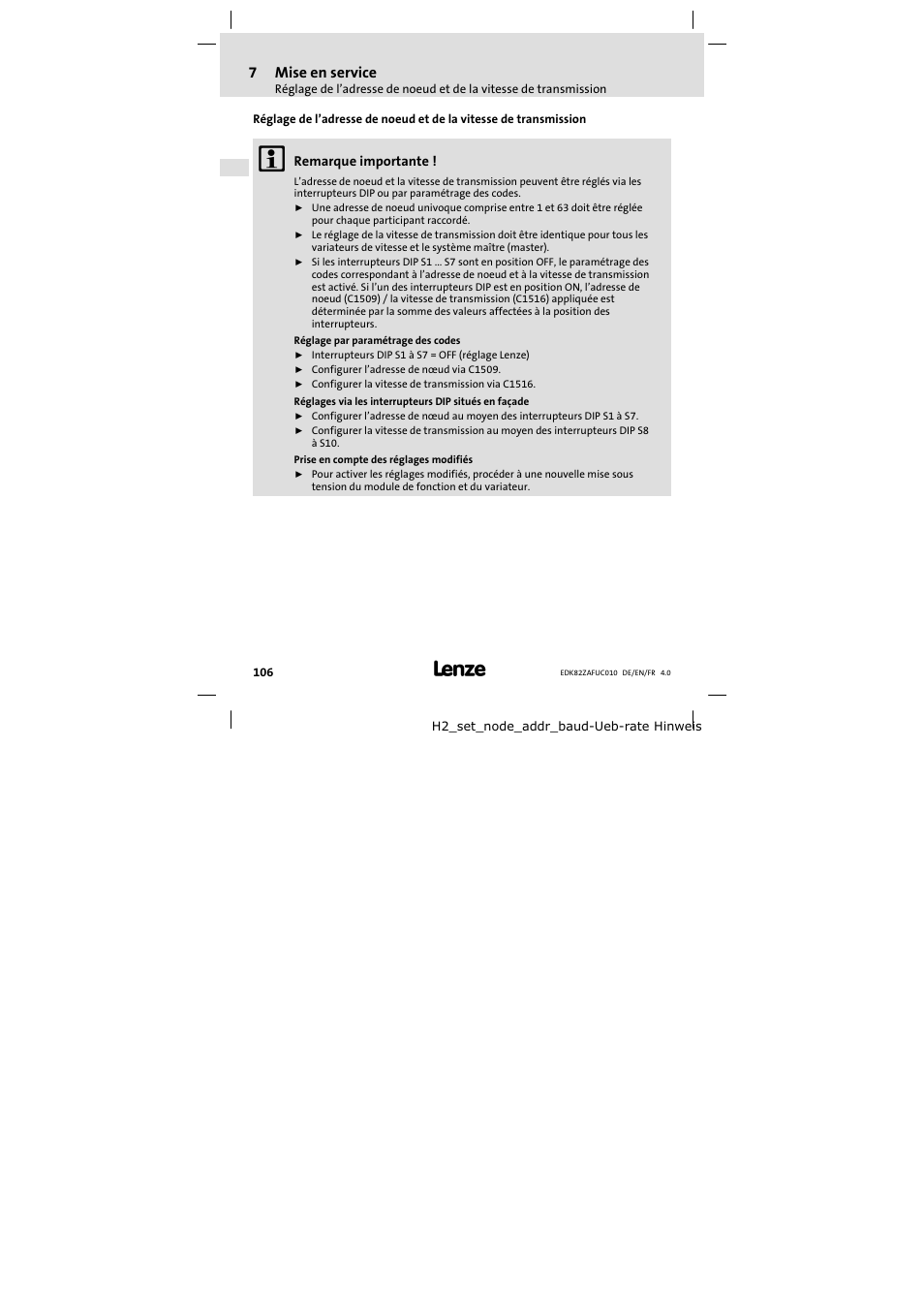 7mise en service | Lenze E82ZAFUC010 User Manual | Page 106 / 114