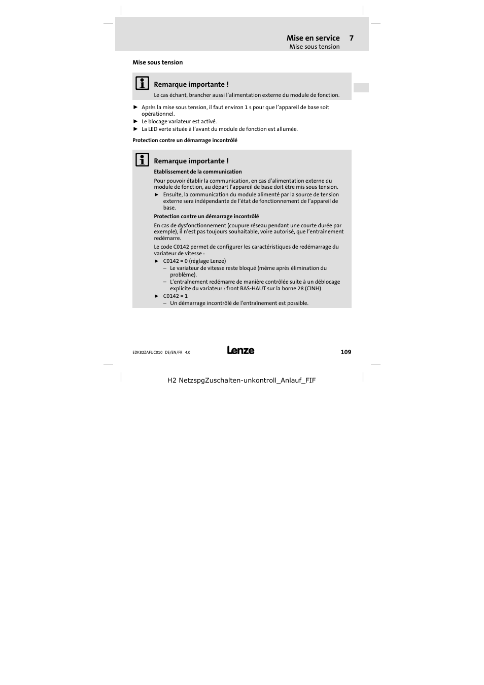 Mise sous tension | Lenze E82ZAFUC010 User Manual | Page 109 / 114