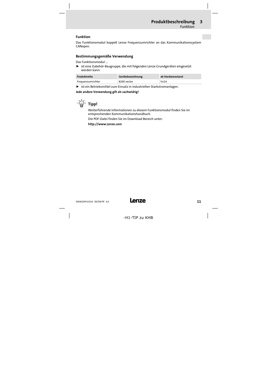 3 produktbeschreibung, Funktion, Bestimmungsgemäße verwendung | Produktbeschreibung 11, Produktbeschreibung | Lenze E82ZAFUC010 User Manual | Page 11 / 114