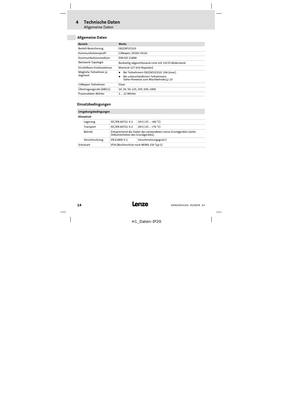 4 technische daten, Allgemeine daten, Einsatzbedingungen | Technische daten, 4technische daten | Lenze E82ZAFUC010 User Manual | Page 14 / 114