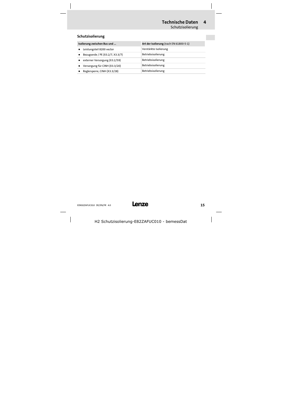 Schutzisolierung, Technische daten | Lenze E82ZAFUC010 User Manual | Page 15 / 114