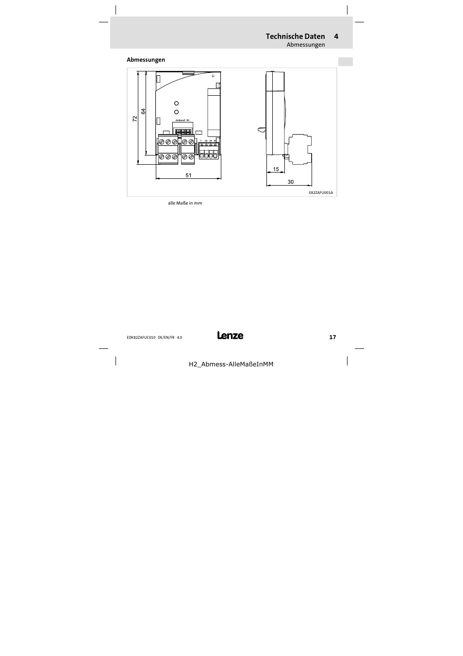 Abmessungen | Lenze E82ZAFUC010 User Manual | Page 17 / 114