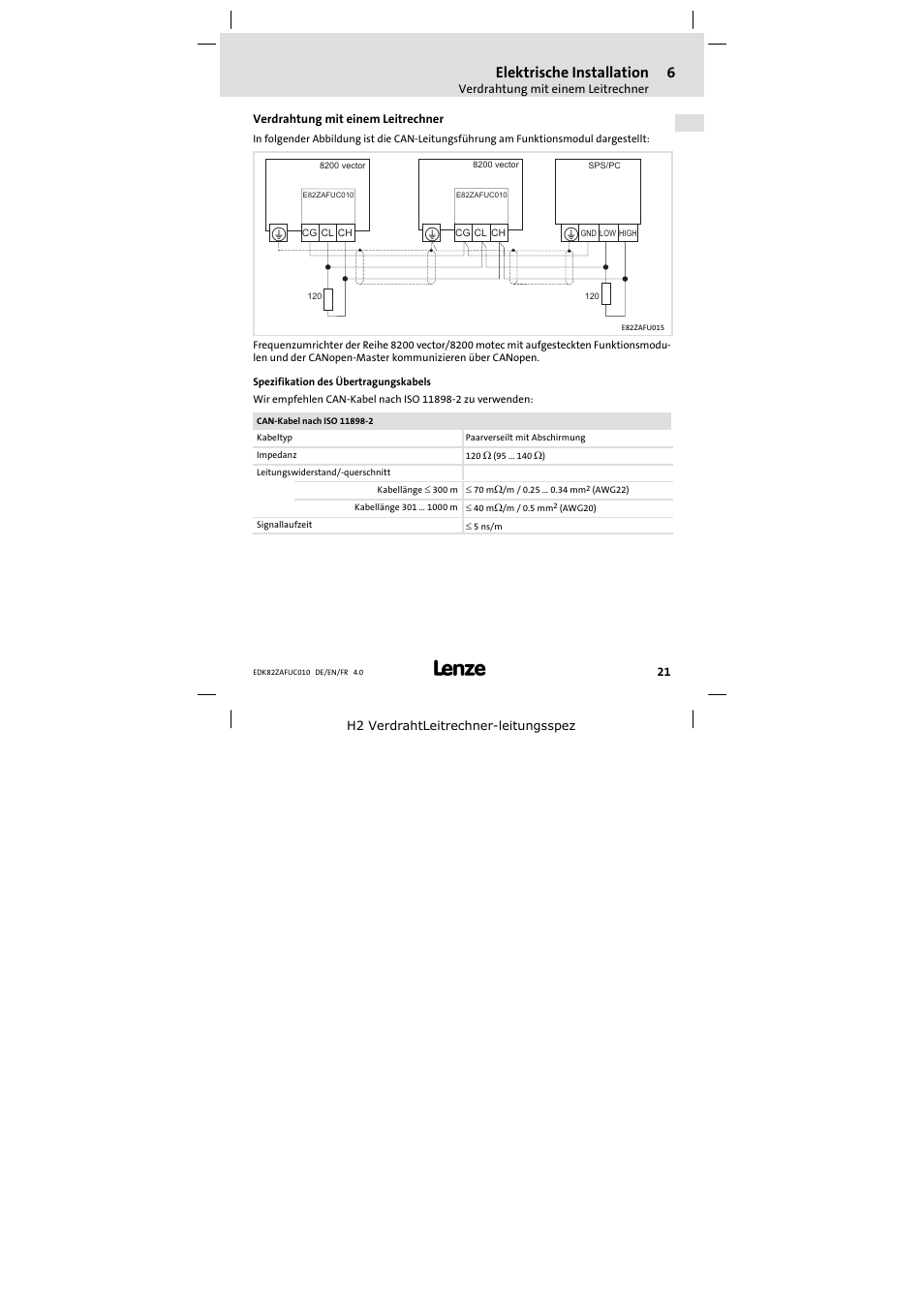 Verdrahtung mit einem leitrechner, Elektrische installation | Lenze E82ZAFUC010 User Manual | Page 21 / 114