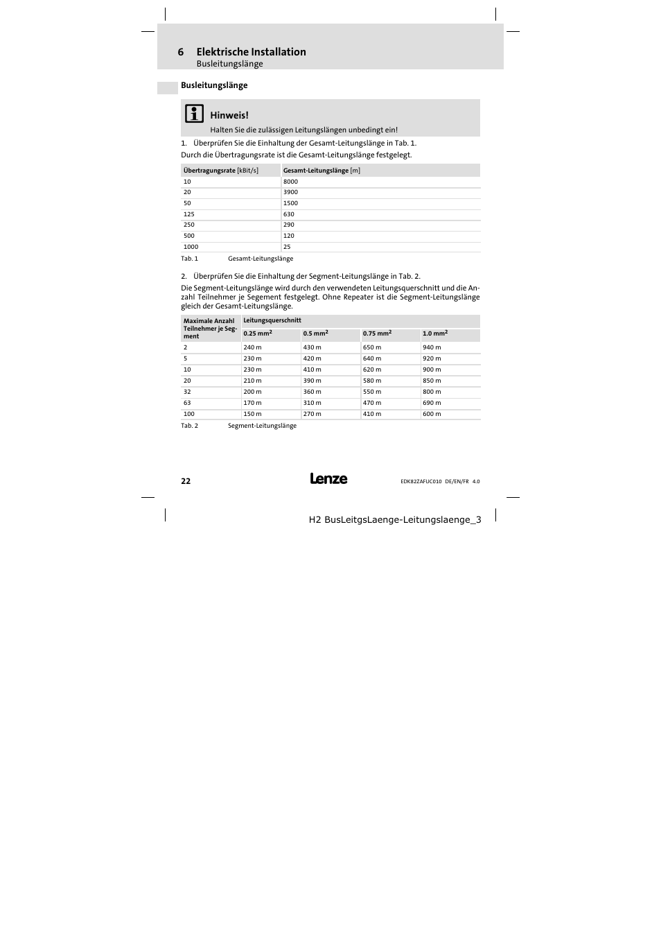 Busleitungslänge, Busleitungslänge 22, 6elektrische installation | Hinweis | Lenze E82ZAFUC010 User Manual | Page 22 / 114