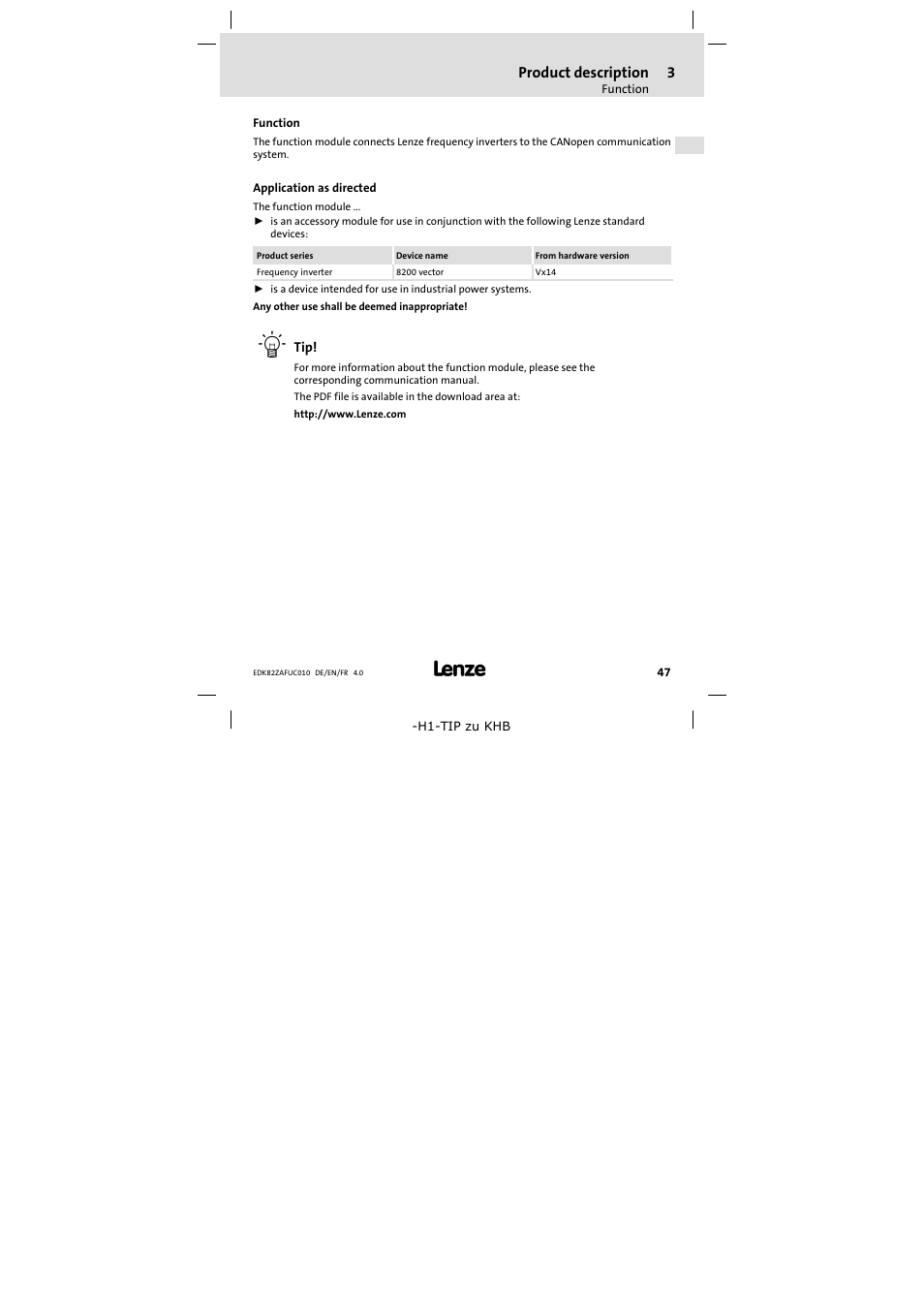 3 product description, Function, Application as directed | Product description, Function 47 | Lenze E82ZAFUC010 User Manual | Page 47 / 114