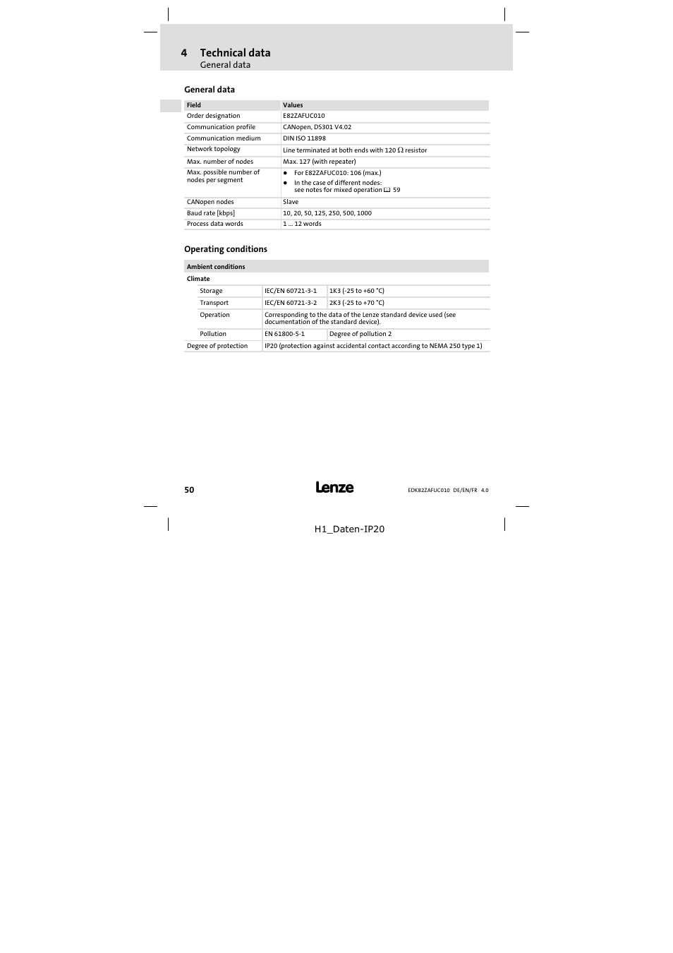 4 technical data, General data, Operating conditions | Technical data, 4technical data | Lenze E82ZAFUC010 User Manual | Page 50 / 114