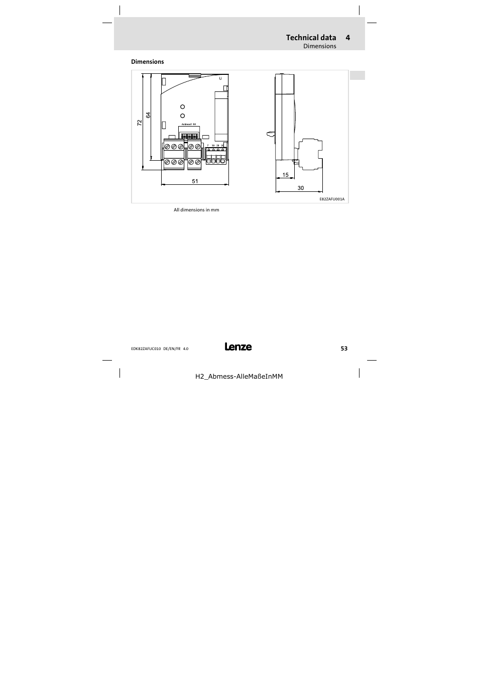 Dimensions | Lenze E82ZAFUC010 User Manual | Page 53 / 114