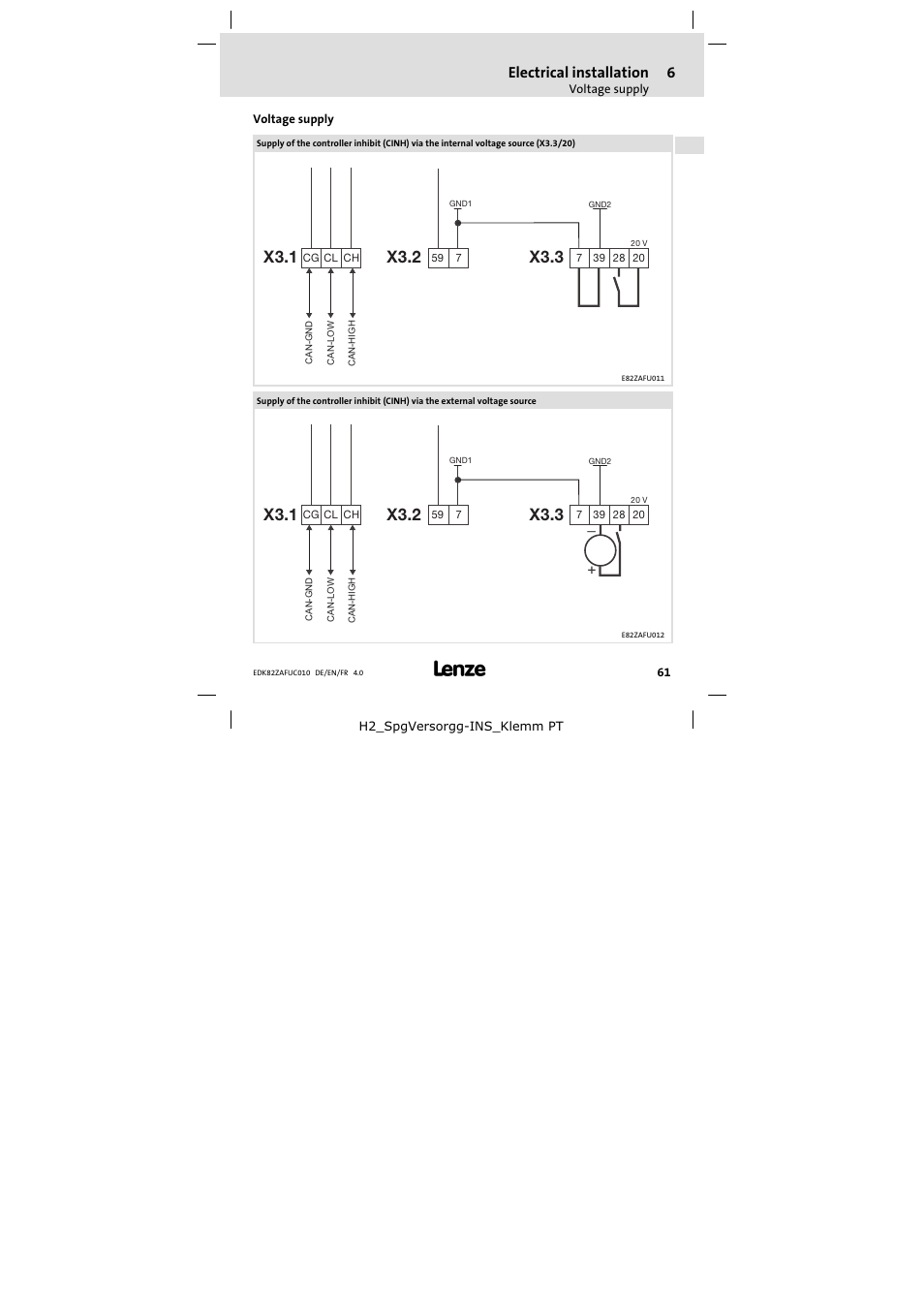 Voltage supply, Electrical installation | Lenze E82ZAFUC010 User Manual | Page 61 / 114