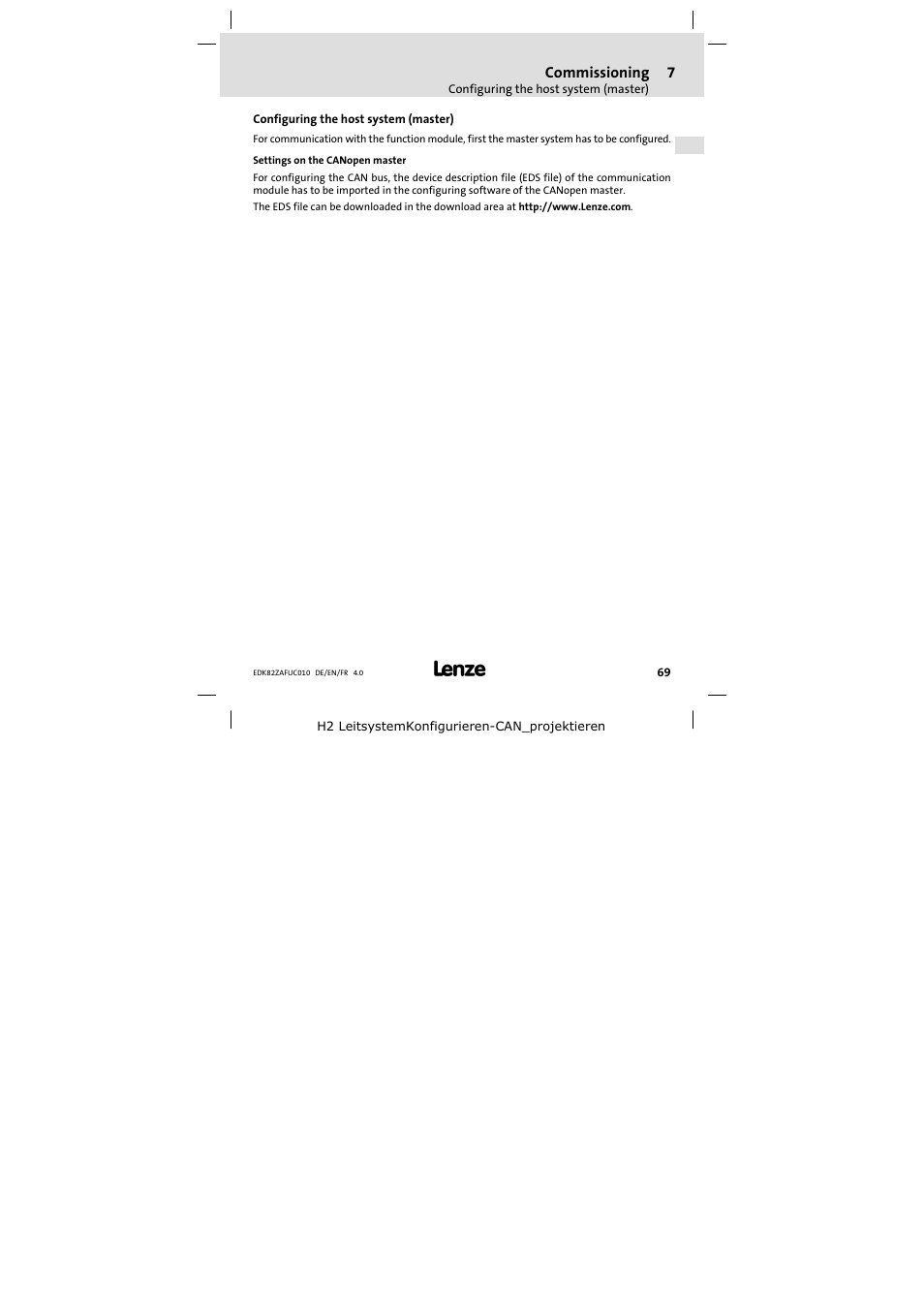 Configuring the host system (master) | Lenze E82ZAFUC010 User Manual | Page 69 / 114