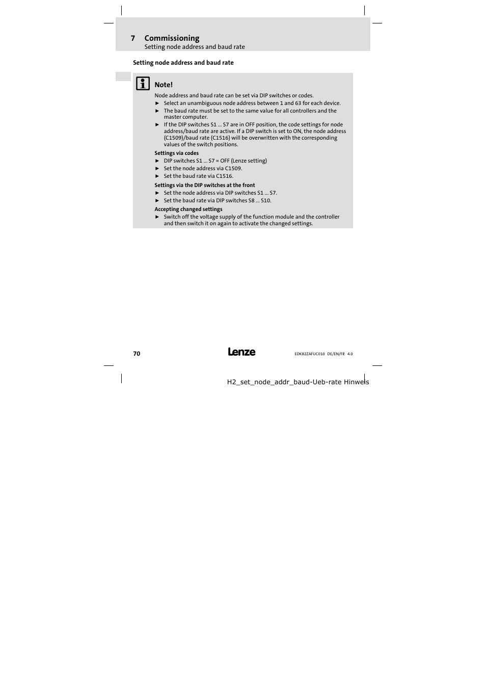 Setting node address and baud rate, 7commissioning | Lenze E82ZAFUC010 User Manual | Page 70 / 114