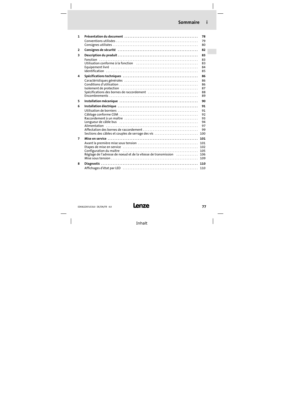 Sommaire, Sommaire i | Lenze E82ZAFUC010 User Manual | Page 77 / 114